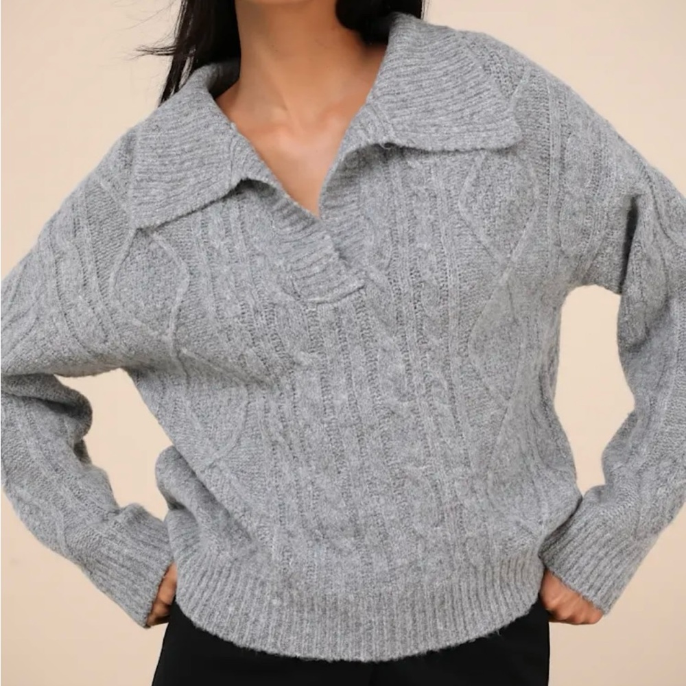 Lulu’s Cozy Conclusion Heather Grey Cable Knit Collared Sweater